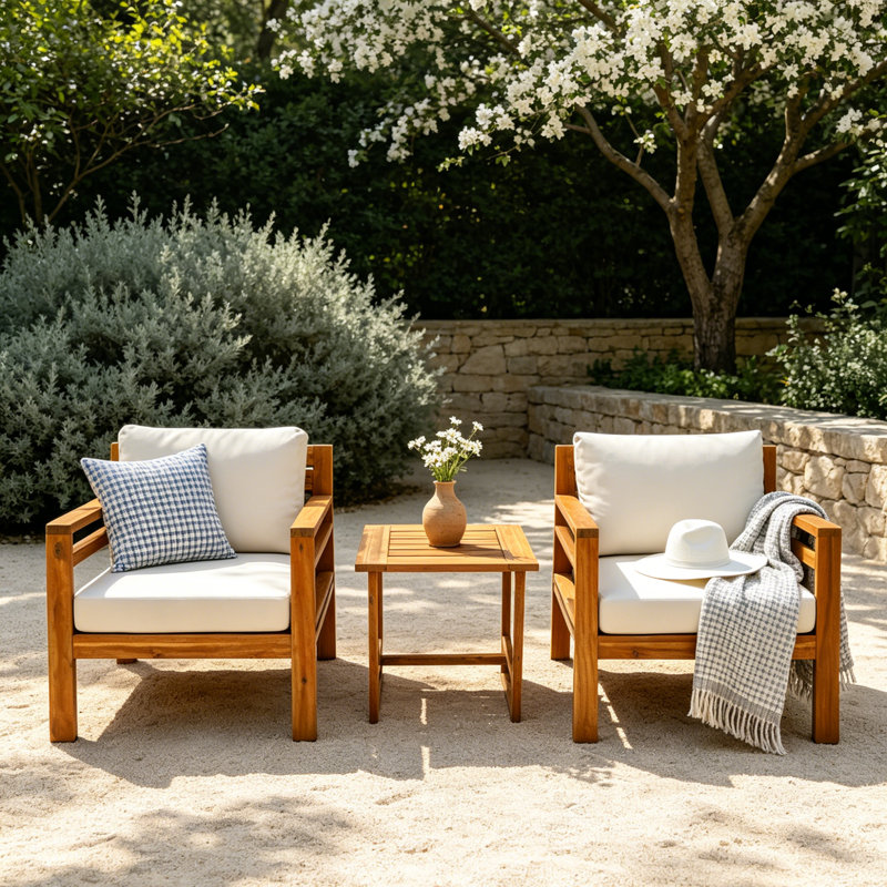 Ensemble de conversation d'extérieur 3 pièces en bois d'acacia avec coussins Dayo