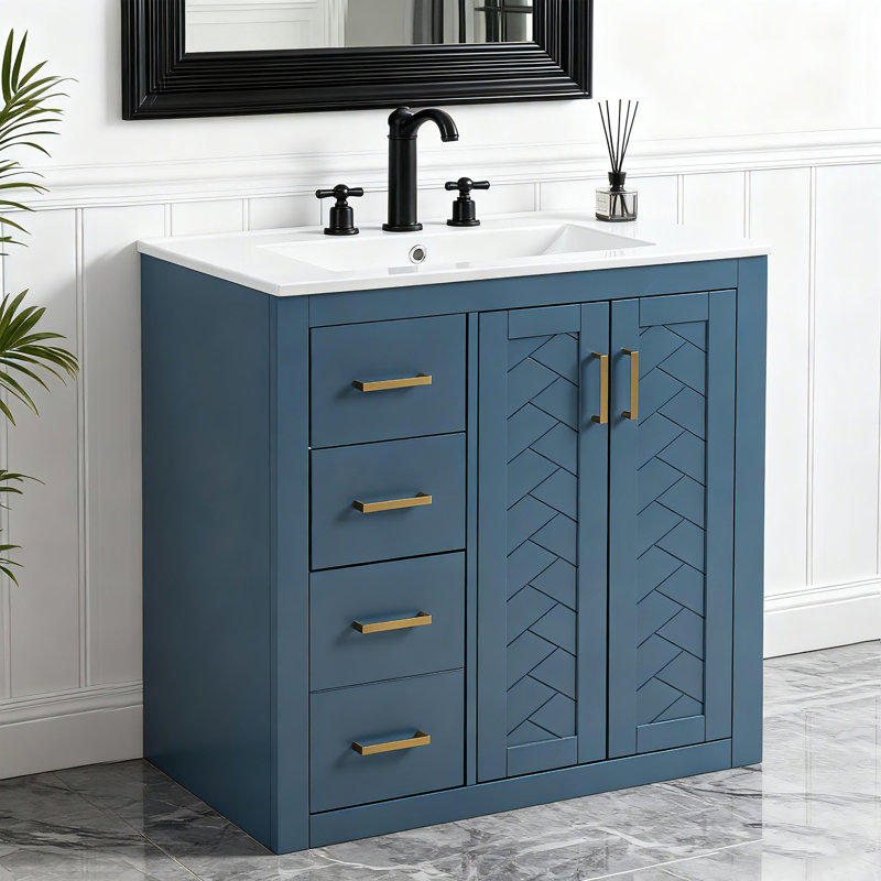 Meuble-lavabo 30 po avec comptoir en céramique Pelaga, Bleu / doré