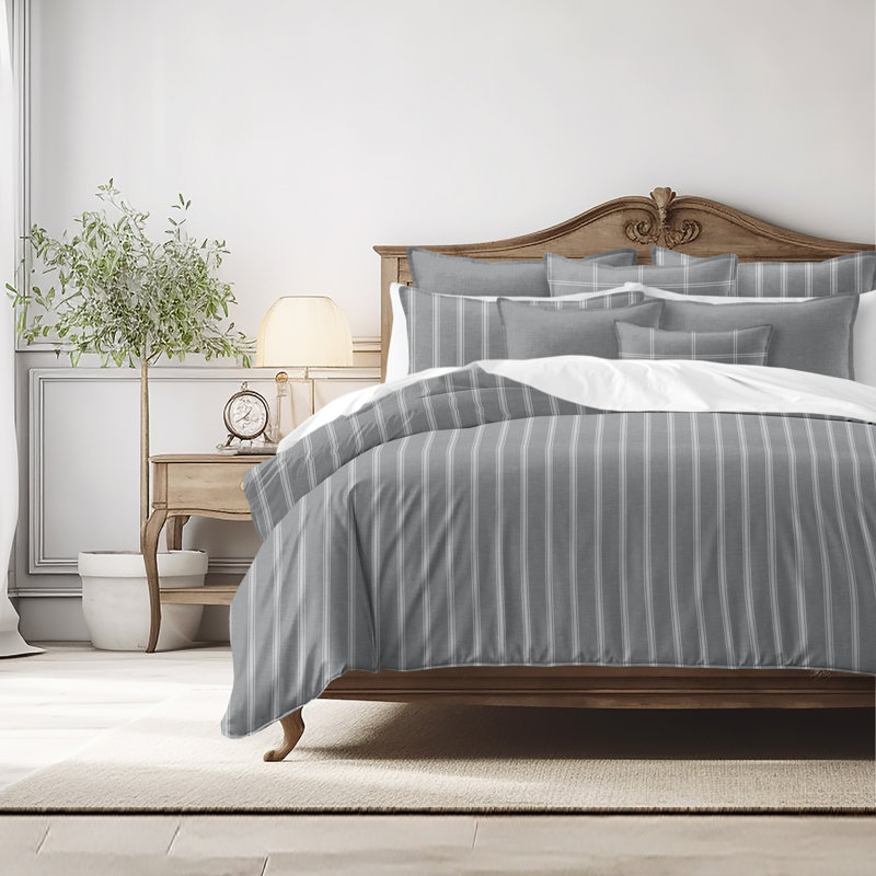 Shay Broad Ticking Stripe Gray Cotton Duvet Cover Set  8 Piece, California King Duvet Cover + 7 Additional Pieces