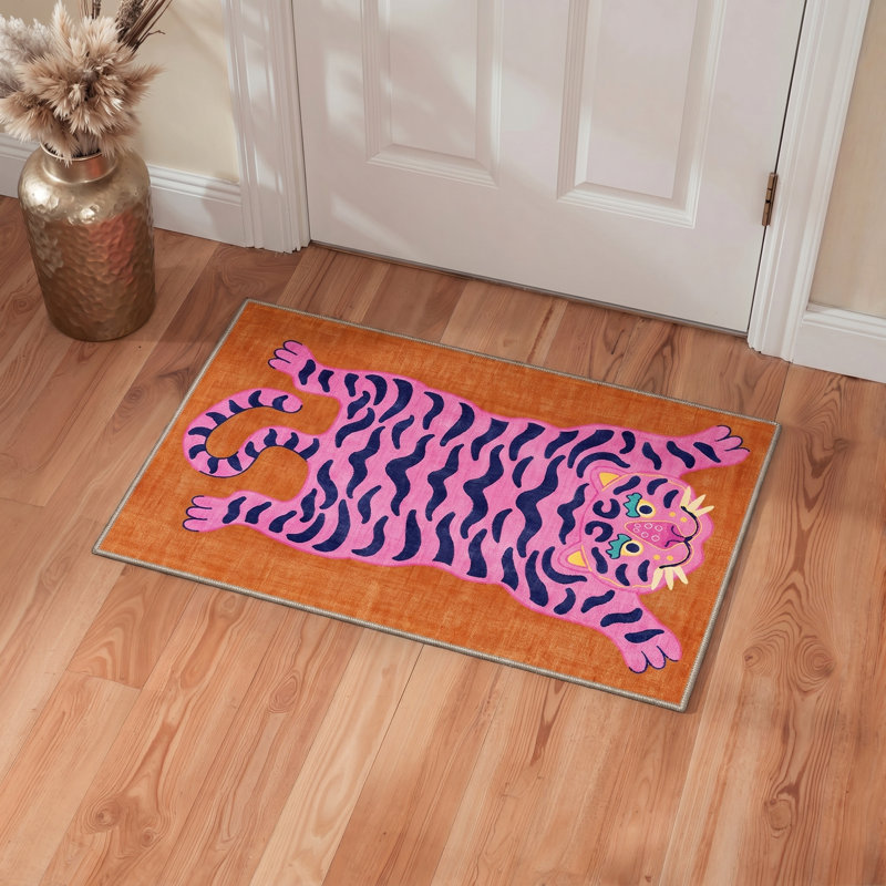Tigris Animal Print Machine Washable Red / Pink Area Rug Indoor with Non-Slip Backing, Rectangle 9' x 12'