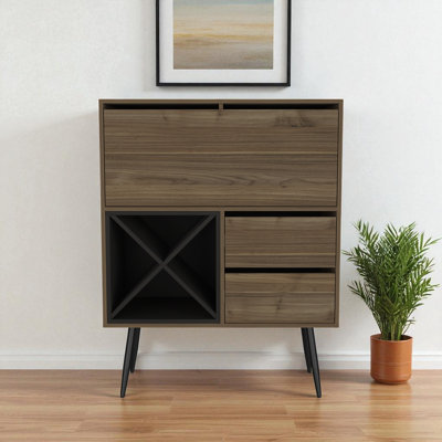 Armoire-bar 46 po en bois brun foncé et noir avec porte simple et deux tiroirs