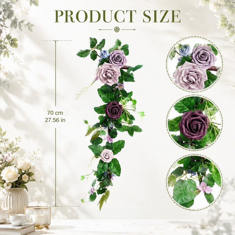 Ensemble de 2 décorations de chaises de mariage, guirlande florale artificielle de roses violettes et bleues, guirlande de fleurs retombantes de 70 cm pour la décoration d'arche ou de mur de mariage
