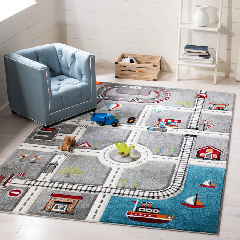 Carousel Kids Racetrack Area Rug In Grey / Ivory, Rectangle 201 x 274cm