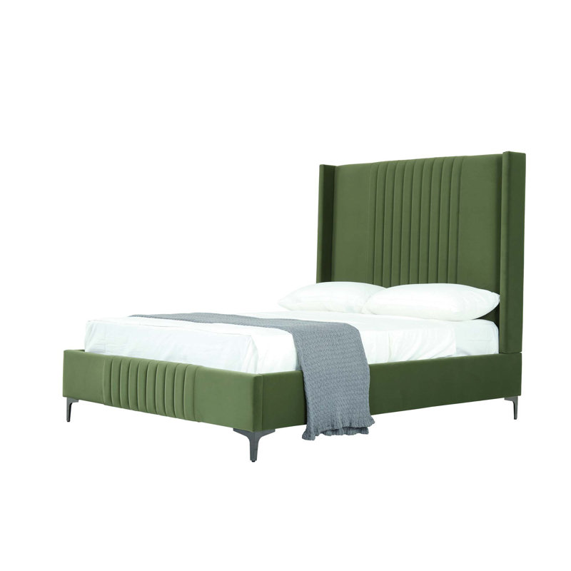 Promenade Mid-Century Modern Velvet Upholstered Eucalyptus Wood Platform Bed in Moss Green, Full, Moss Green