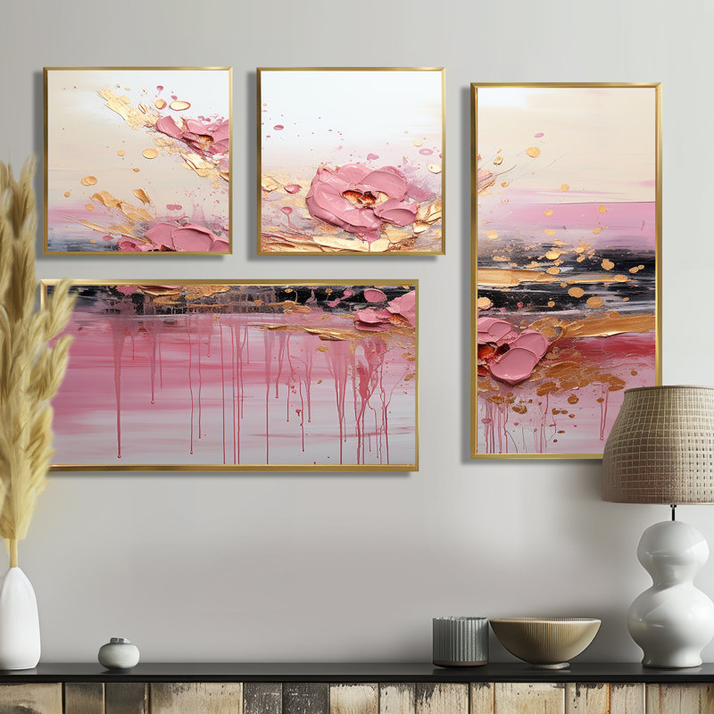 Rose, formes liquides modernes II - art mural 4 pièces, Impression encadrée sans passe-partout, Doré