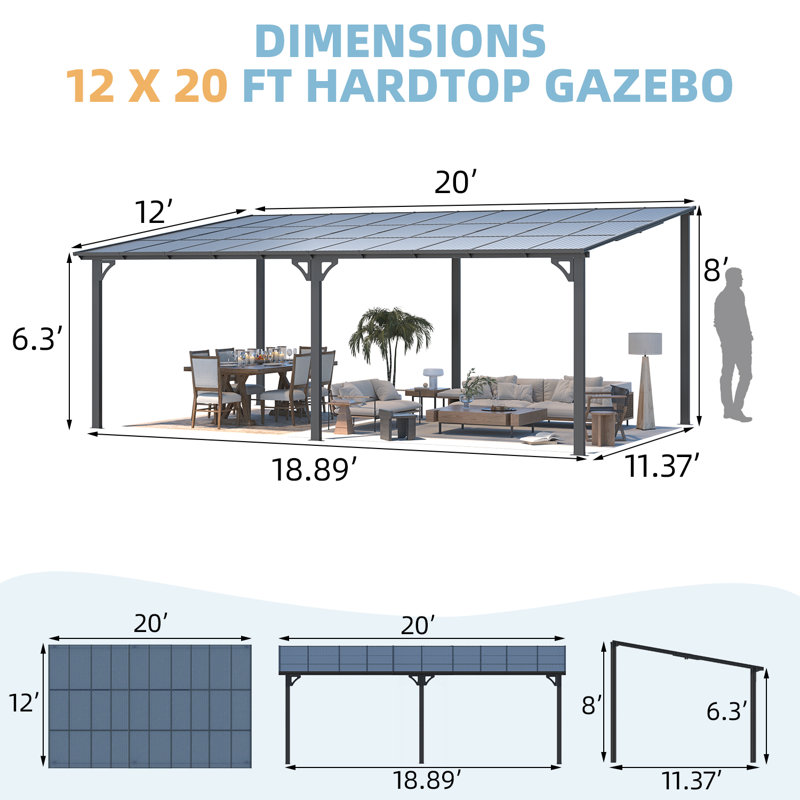 Pergola en aluminium avec auvent, 20 pi x 12 pi, Noir