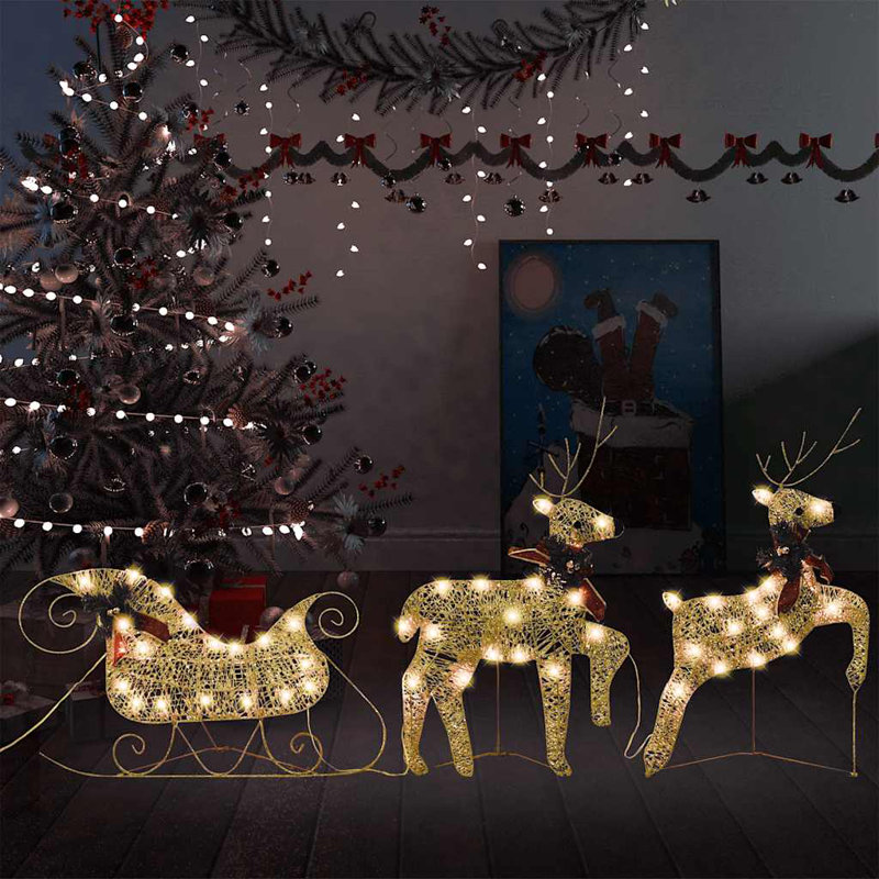Décoration de Noël 4 pièces renne et traîneau avec éclairage DEL, Doré, 2