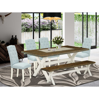6 Piece Dining Table Set Contains a Rectangle Dining Room Table and 4 Baby Blue Linen Fabric Parson Chairs with a Bench, Wire Brushed Linen White 