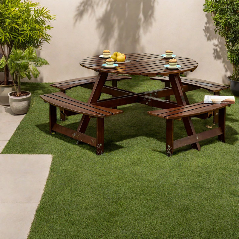 Ensemble de salle à manger de patio rustique, table ronde pour 8 personnes avec bancs en bois, parfait pour la cour et le jardin