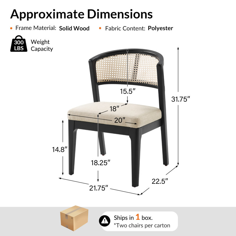 Debbora 21.75’‘W Coastal Solid Wood Barrel Dining Chair With Rattan Backrest, Black