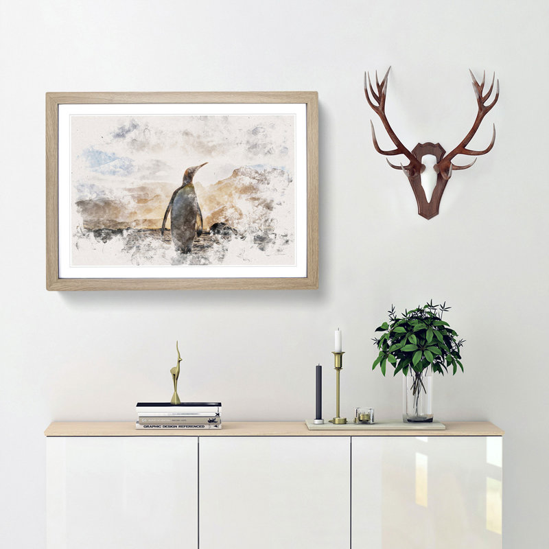 King Penguin - Picture Frame Painting Print, 24cm H x 33cm W x 2cm D, Oak Framed