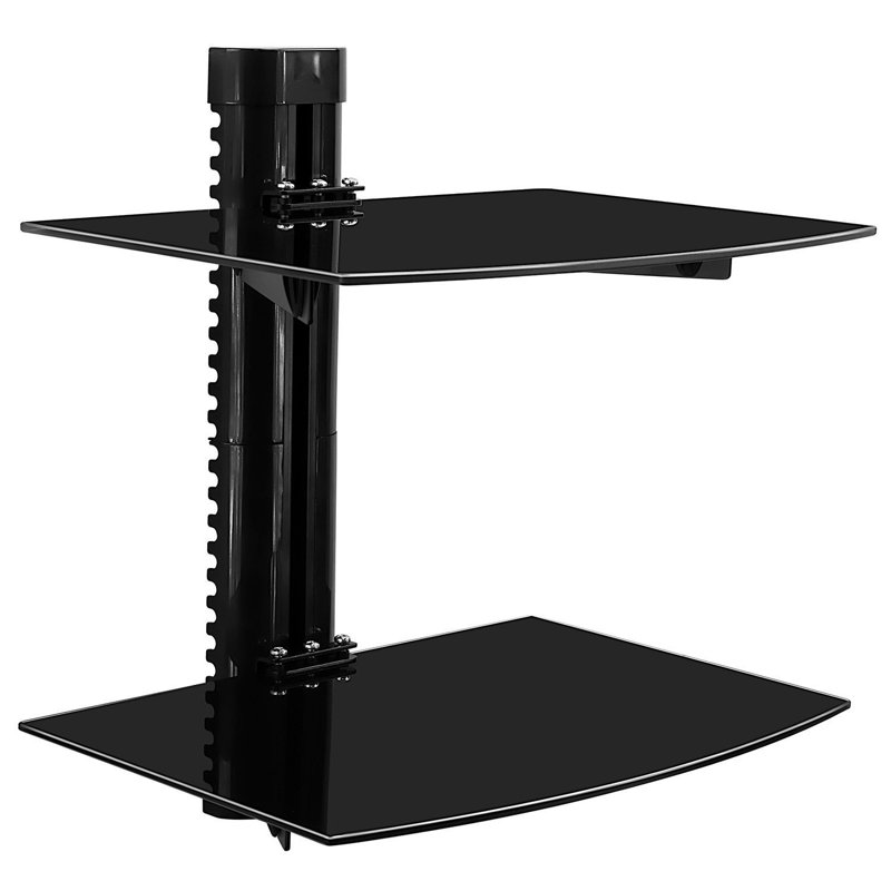 Mount-It! Black Tinted Tempered Glass Floating Two Shelves Wall Mounted Shelf with Bracket Stand