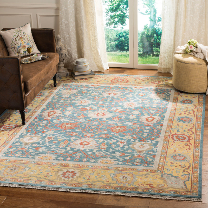  Tapis oriental en laine noué à la main bleu, Rectangle 8 pi x 10 pi