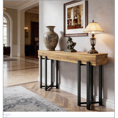 Modern-Style Console Table with Rustic Brown E1 MDF Top and Sleek Black Iron Legs, Ideal for Office or Living Room Display.