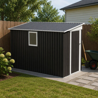 Remise de jardin extérieure en acier galvanisé gris avec porte à charnière, fenêtre transparente fixe et toit incliné pour le rangement des outils dans la cour
