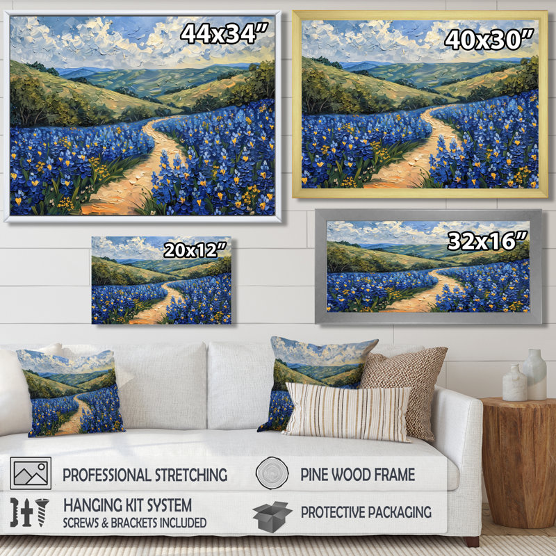 «Blue green meadow Charm Blue Bonnets» - art sur toile Blue Bonnets, Toile argentée avec cadre flottant