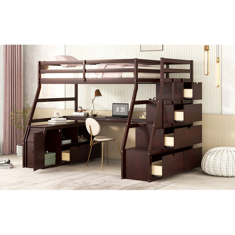 Lit mezzanine simple avec 7 tiroirs, 2 tablettes et un bureau, Espresso