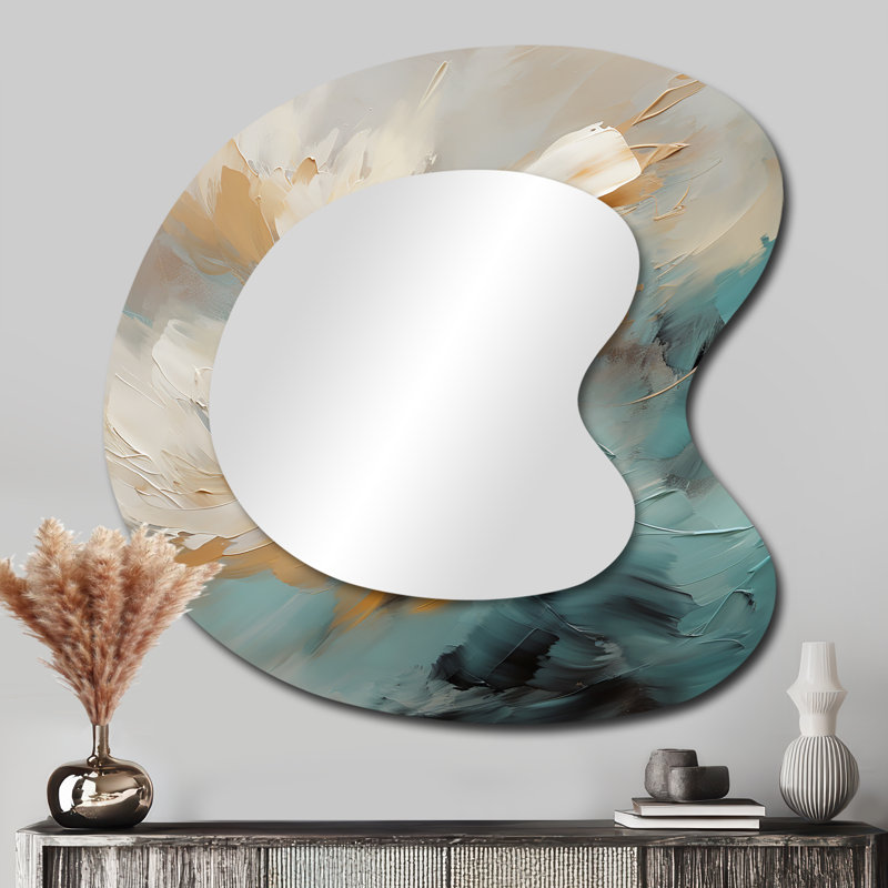 Eviemarie Joy of Peace Abstract Light Blue Gold Painting - Abstract Painting Asymmetrical Mirror, Gold Irregular Shape Decorative Wall Mirror, Printed Metal Art