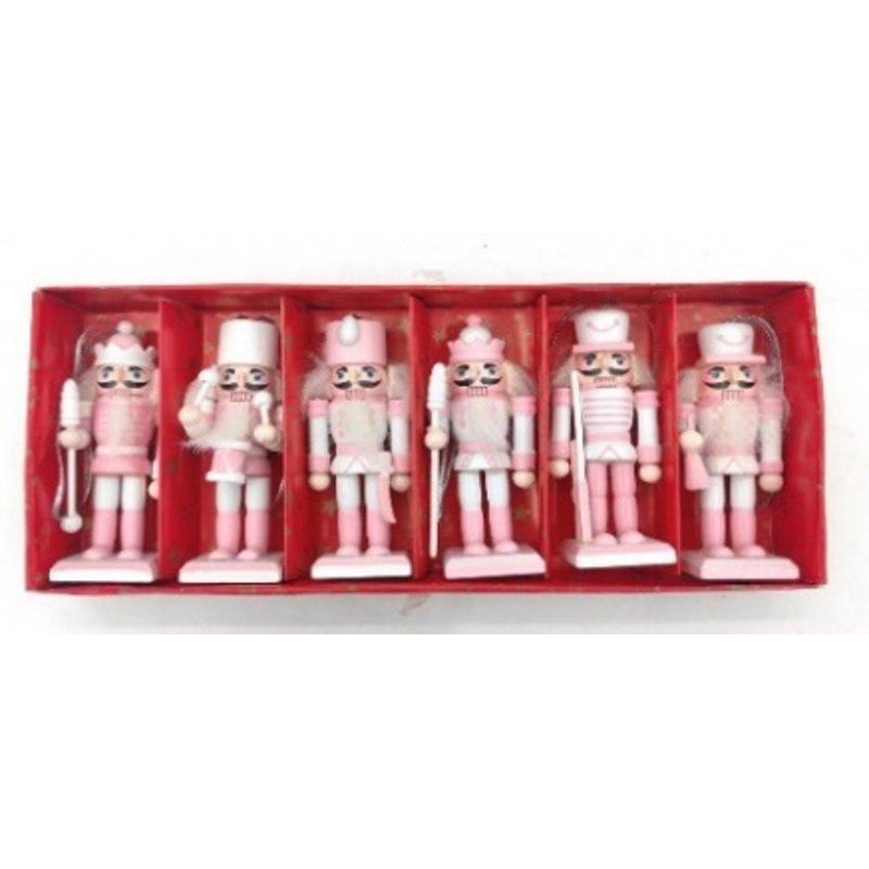 Nutcracker Soldier Christmas Ornaments - 3.25" - Pink And White - Set Of 6