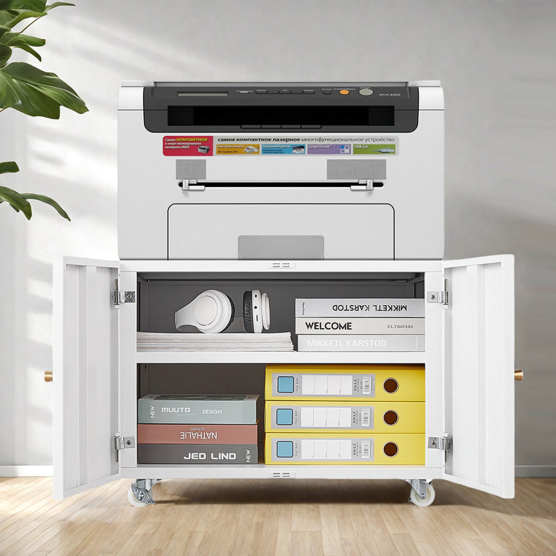 Mobile Office Copier Cabinet With 2 Doors – Steel Printer Stand And Pedestal File Storage, White