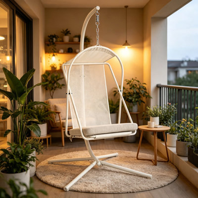 Balancelle suspendue avec support hamac pour patio avec coussin résistant à l'eau et aux rayons UV pour le balcon de la chambre à coucher
