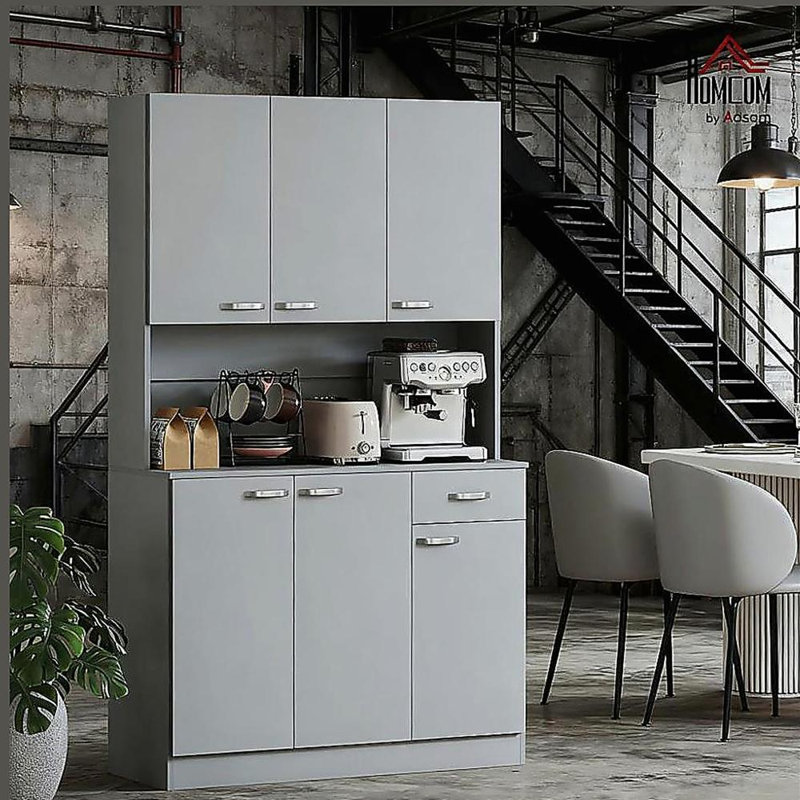 Armoire de cuisine autoportante, grande armoire de rangement, armoire avec portes et tablettes