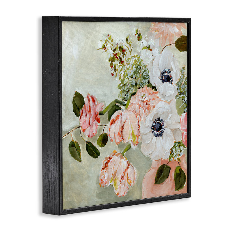 Dessin subtil de fleurs roses et blanches printanières, design par Annie Quigley, Giclée encadrée noir minuit