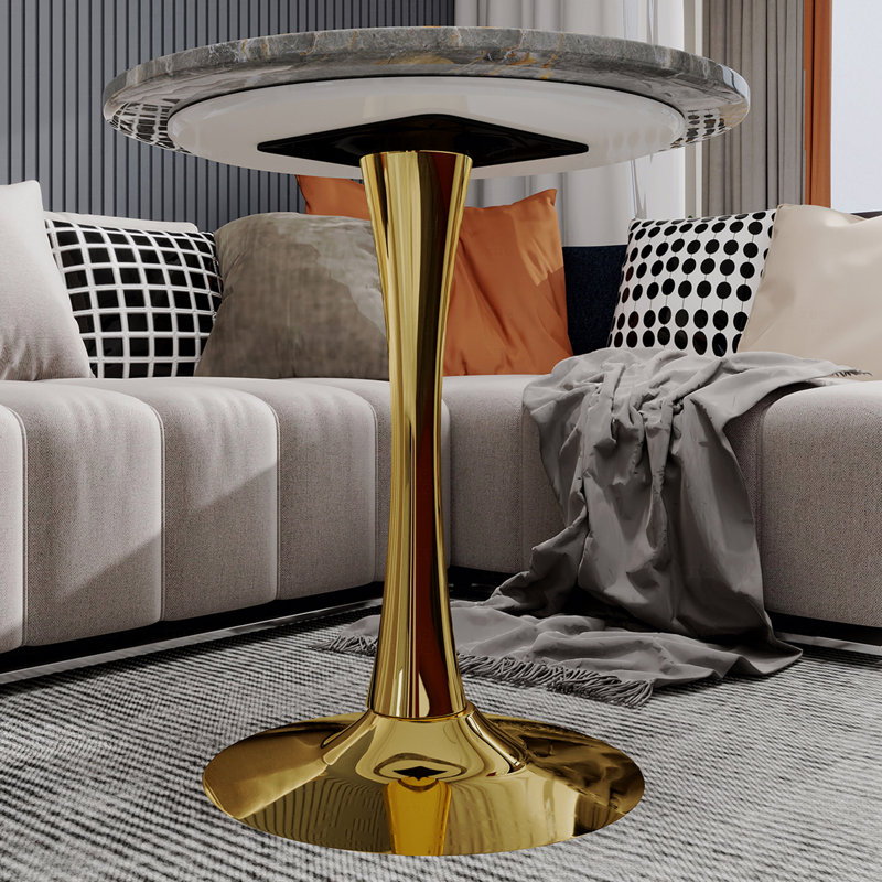 Table de salle à manger ronde 27,6 pouces Mid-Century moderne 2-4 personnes gris foncé texturé dessus en marbre, Doré, Gris