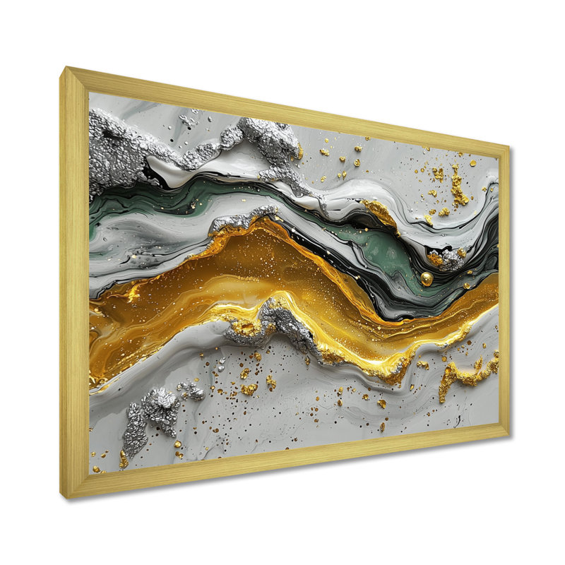 «Tranquil Divide Of Abstract», encre liquide, H 12 po x l 20 po, Cadre simple, Doré