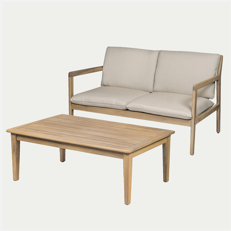 Causeuse d'extérieur en bois d'acacia avec table basse, structure en teck clair, coussin beige