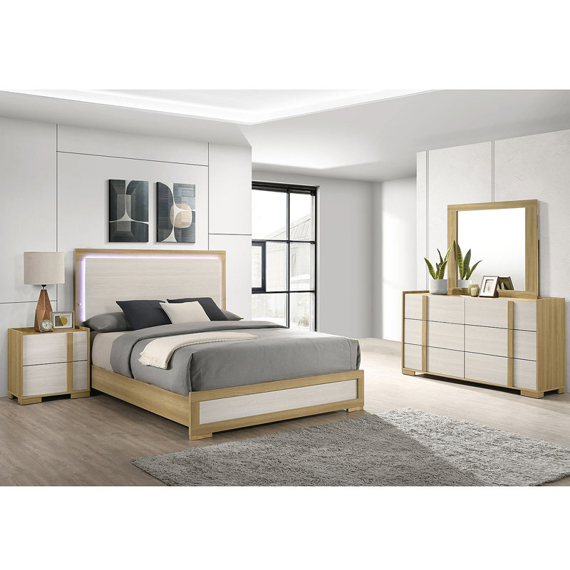 Ensemble de chambre avec grand lit 4 pièces Lincoln Natural, 4 pièces : lit, table de chevet, commode, miroir