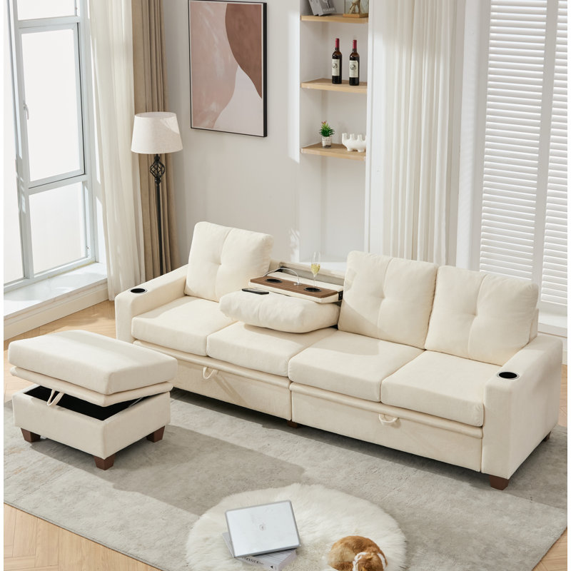 103" Modular Sectional Sofa With Storage, Cup Holders And Storage Ottoman, Beige