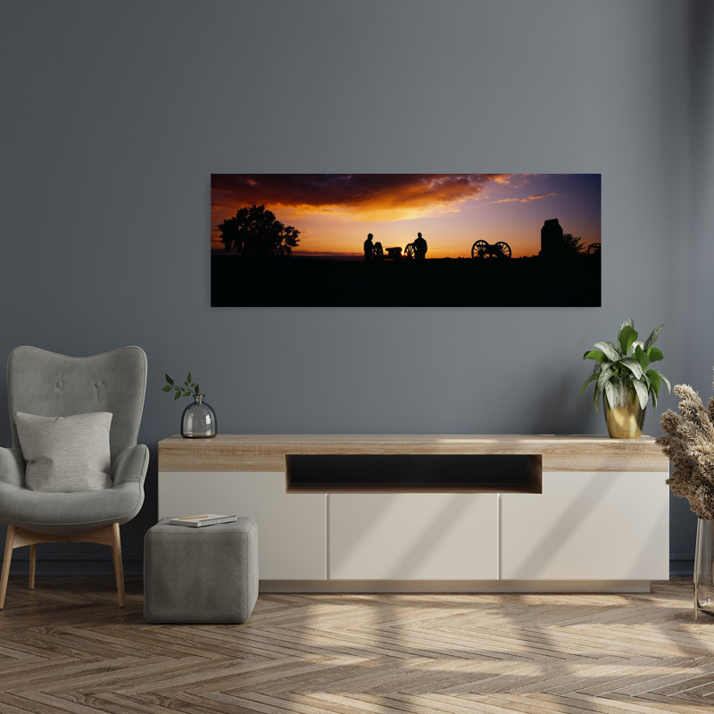 Silhouette of statues of soldiers and cannons in a field Gettysburg National Military Park Pennsylvania USA 1 Piece Wrapped Canvas Panoramic Wall Art