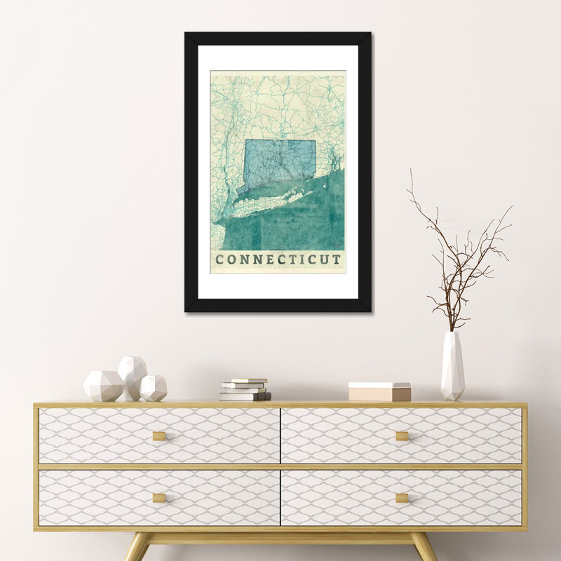 « connecticut map », impression sur toile, Papier beaux-arts encadré noir, H 24 po x l 16 po x P 1 po, Blanc