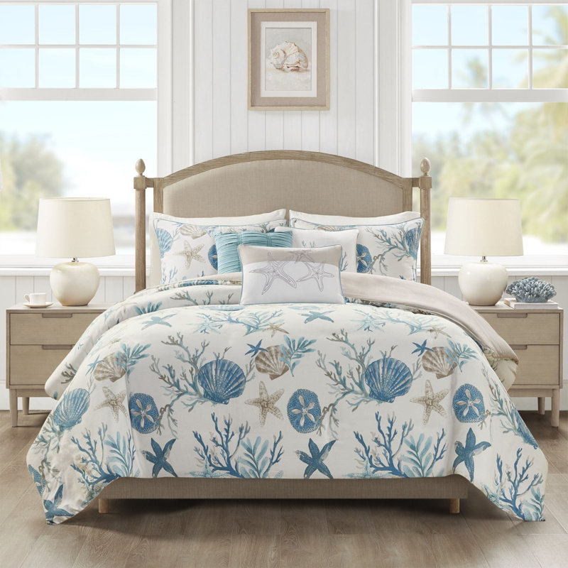 Pebble Beach 6 Piece Cotton Sateen Coastal Duvet Cover Set, Aqua, Full / Queen Duvet Cover + 5 Additional Pieces