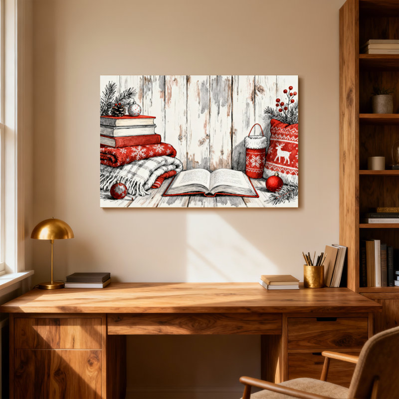 Couverture de Noël avec des livres de Noël et des décorations sur fond de bois de renne, H 12 po x l 18 po