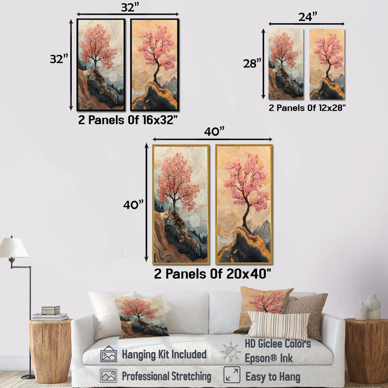 Fleurs de cerisier en écho de Sakura I - Art sur toile floral, 2 pièces, Cadre crème crème, H 32 po x l 33 po