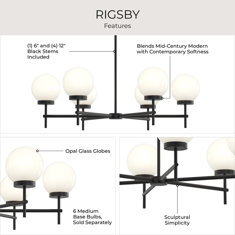 Rigsby Six-Light Matte Black Medium Chandelier, Matte Black