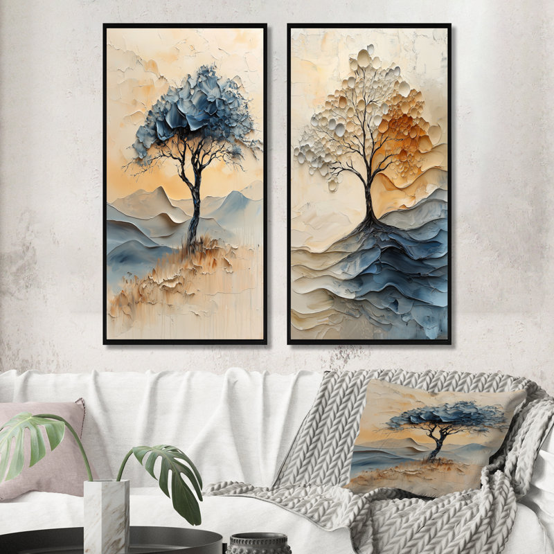 Ensemble de 2 reproductions d'art sur toile, "Arbre de vie" gris fauve sauvage, H 32 po x l 32 po, Cadre flottant noir