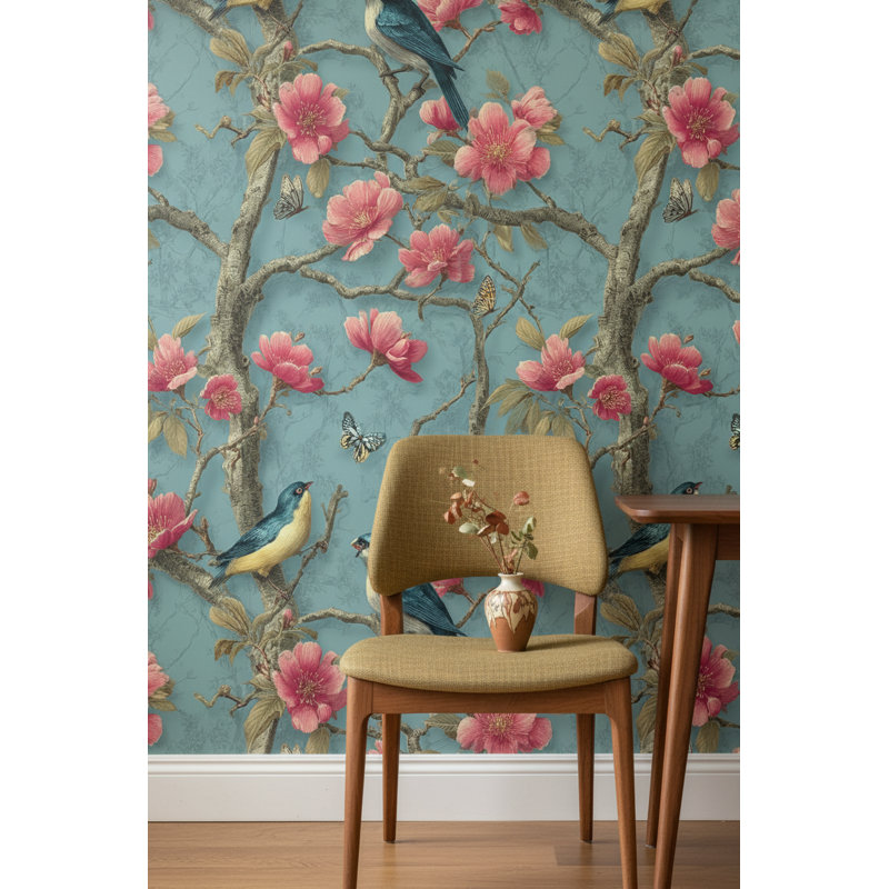 Papier peint floral rétro avec oiseaux