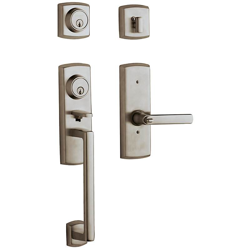 Soho Handleset with Double Cylinder Deadbolt and Door Lever and Rosette, Lifetime (PVD) Satin Nickel, Keyed Different, Yes