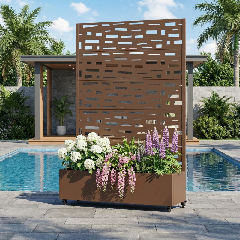 Boîte à fleurs en métal avec treillis et roues, H 72 po x l 47 po x P 16 po, Brown