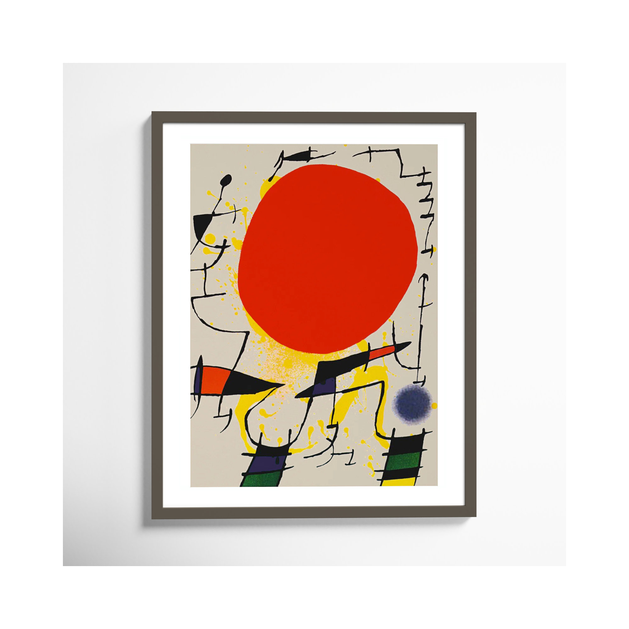 Le Soliel Rouge (The Red Sun) by Joan Miro, 30.38" H x 24.38" W x 0.88" D, Clay Gray Framed Paper