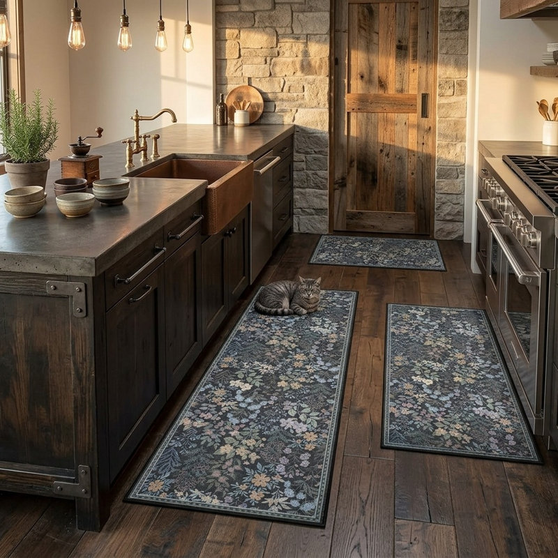 Ensemble de 3 tapis de cuisine anti-fatigue Boho avec fausse laine lavable antidérapante