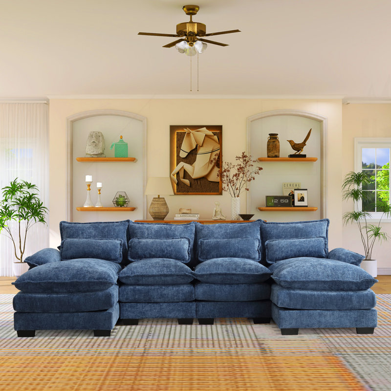 Canapé modulaire en chenille en U 110,63 po Redenius, Navy Velvet
