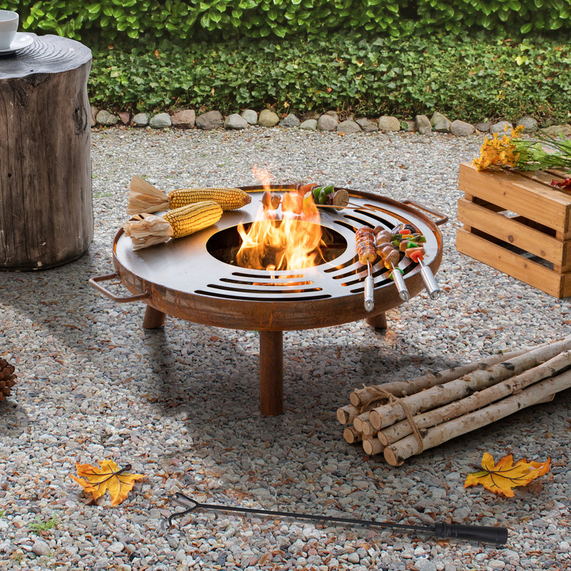Rustic Steel Wood Burning Fire Pit with Handles and Poker