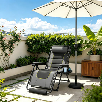 Chaise chauffante à gravité zéro avec chauffage à deux zones, chaise longue inclinable réglable de 0 à 170 °, capacité de 500 lb, serrure en alliage d'aluminium, coussin et coussin épais, chaise d'extérieur pliable