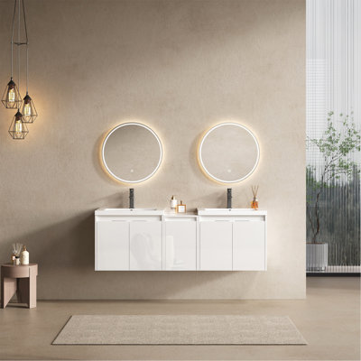 Meuble-lavabo 60 po avec lavabo en résine, portes à fermeture en douceur et armoire à 1 côté, montage flottant, blanc brillant, contreplaqué - 24 po x 2 + 12 po