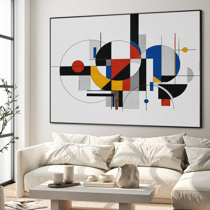 Très grand art mural imprimé sur toile - Décoration de bureau moderne abstrait géométrique bleu Bauhaus - "Assemblage requis du cadre (cadre non fini)"