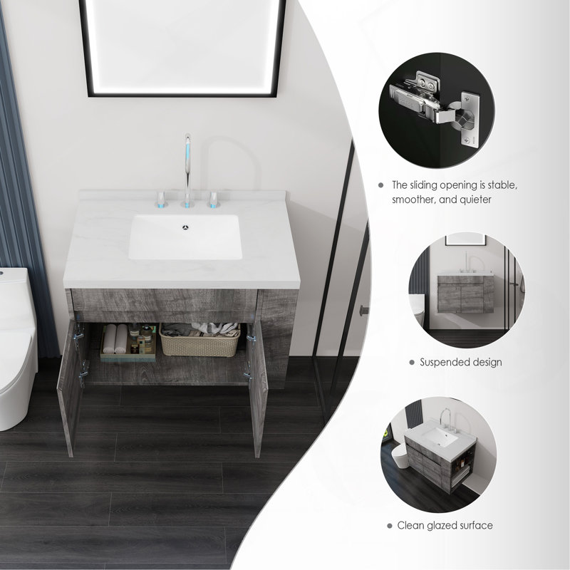 Meuble-lavabo suspendu de 76 cm avec lavabo, porte à fermeture amortie, comptoir et dosseret en marbre synthétique blanc de Carrare de 5 cm, contreplaqué